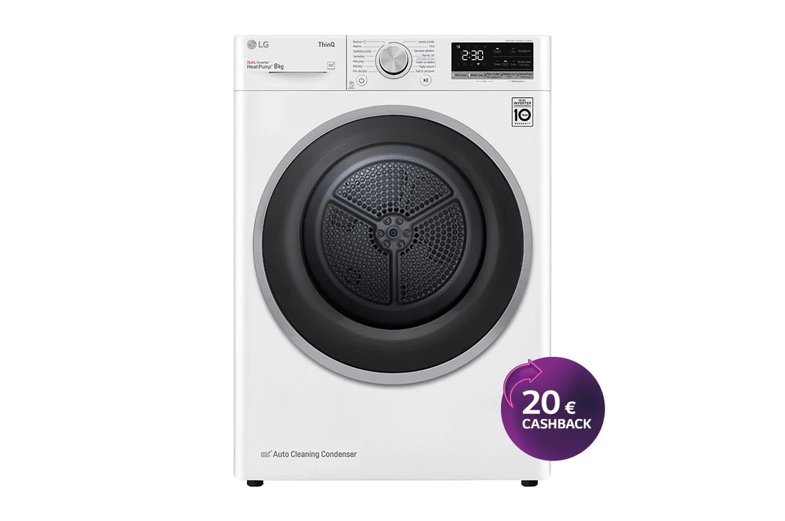 LG 8 kg hybridná sušička s tepelným čerpadlom, invertorový motor, Eco Hybrid™ - hybridné sušenie, automatické čistenie kondenzátora, LG ThinQ + Wi-Fi, energetická trieda A++ (v rozsahu A+++ až D), RC81V5AV7N , RC81V5AV7N