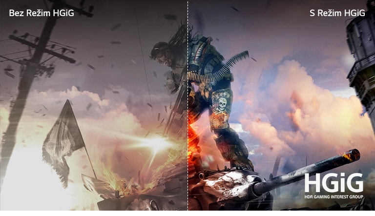 Scéna z hry, polovica na televízore LCD/LED s nízkou kvalitou obrazu, druhá polovica na televízore LG OLED TV so zreteľným a živým obrazom.