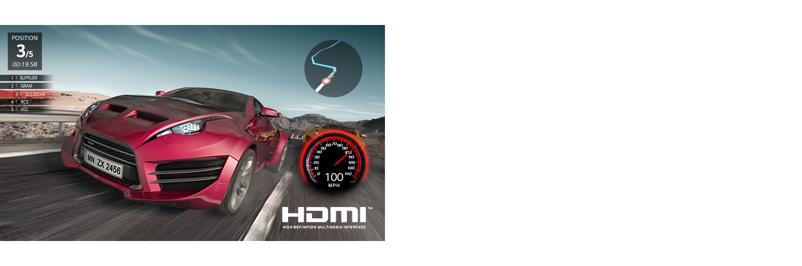 Scéna z automobilovej závodnej hry. Pohľad zblízka na červené auto, ktoré je na treťom mieste.