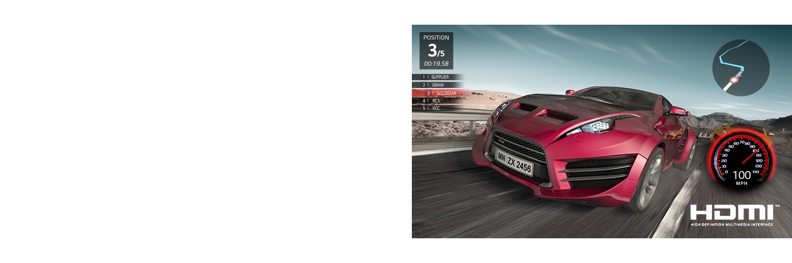 Scéna z automobilovej závodnej hry. Pohľad zblízka na červené auto, ktoré je na treťom mieste.