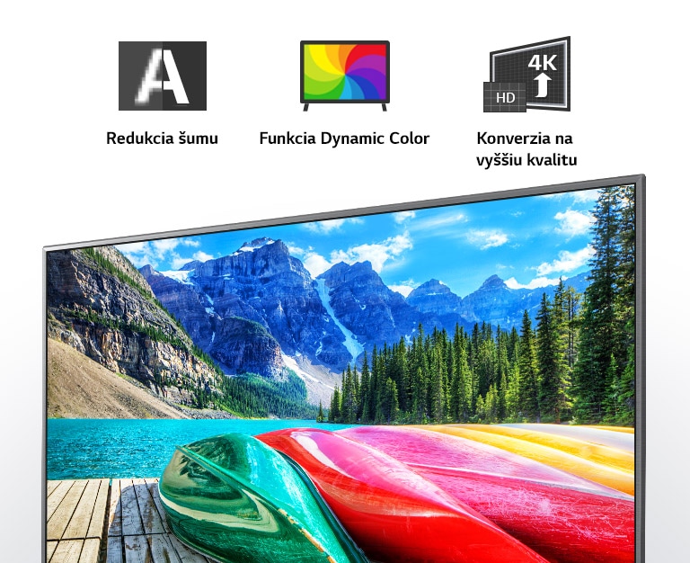 Ikony pre redukciu šumu, funkciu Dynamic Color a konverziu na vyššiu kvalitu a TV obrazovka zobrazujúca scénickú fotografiu hôr, lesa a jazera.