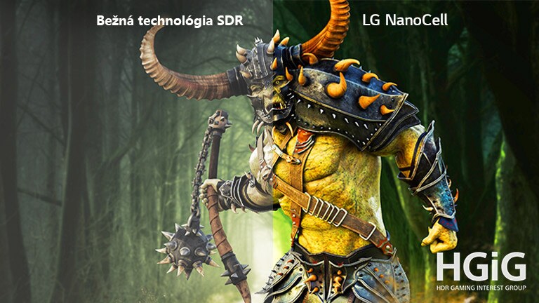 Scéna z hry s netvorom zobrazená na bežnom televízore, druhá polovica sa zobrazuje na televízore LG NanoCell TV.