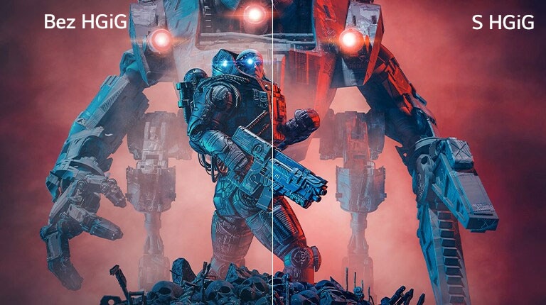Obrázok s ľavou polovicou bez HGiG a pravou polovicou s HGiG na zobrazenie kontrastu.