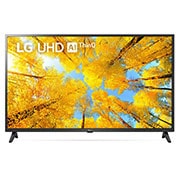 LG 43'' LG UHD TV, webOS Smart TV, Pohľad spredu na televízor LG s rozlíšením UHD s ilustračným obrázkom a logom produktu, 43UQ75003LF, thumbnail 1