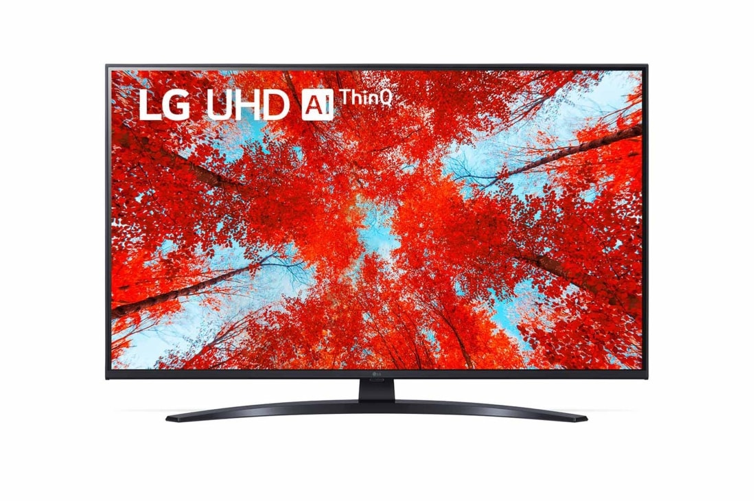 LG 43'' LG UHD TV, webOS Smart TV, Pohľad spredu na televízor LG s rozlíšením UHD s ilustračným obrázkom a logom produktu, 43UQ91003LA