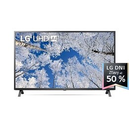 Pohľad spredu na televízor LG s rozlíšením UHD s ilustračným obrázkom a logom produktu2