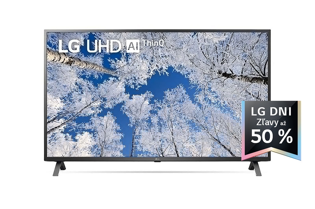 LG 43'' LG UHD TV, webOS Smart TV, Pohľad spredu na televízor LG s rozlíšením UHD s ilustračným obrázkom a logom produktu, 43UQ70003LB