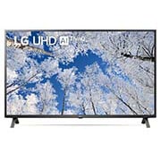 LG 43'' LG UHD TV, webOS Smart TV, Pohľad spredu na televízor LG s rozlíšením UHD s ilustračným obrázkom a logom produktu, 43UQ70003LB, thumbnail 1