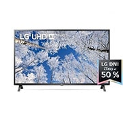 LG 43'' LG UHD TV, webOS Smart TV, Pohľad spredu na televízor LG s rozlíšením UHD s ilustračným obrázkom a logom produktu, 43UQ70003LB, thumbnail 1