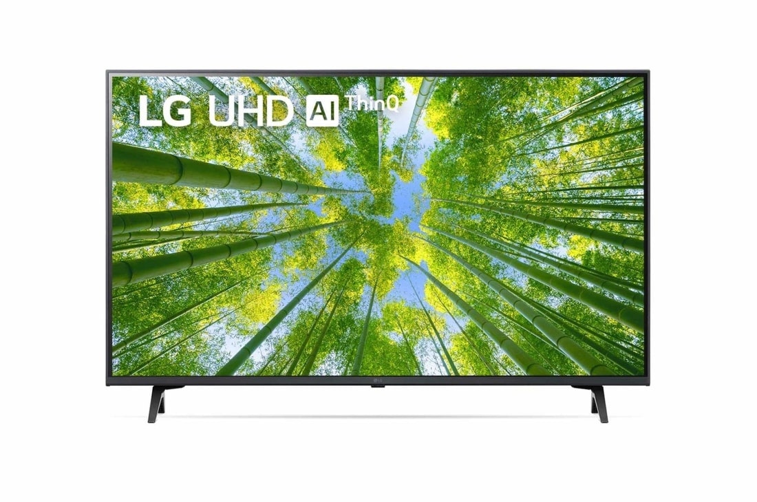 LG 43'' LG UHD TV, webOS Smart TV, Pohľad spredu na televízor LG s rozlíšením UHD s ilustračným obrázkom a logom produktu, 43UQ80003LB