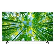 LG 75'' LG UHD TV, webOS Smart TV, Pohľad spredu na televízor LG s rozlíšením UHD s ilustračným obrázkom a logom produktu, 75UQ80003LB, thumbnail 1