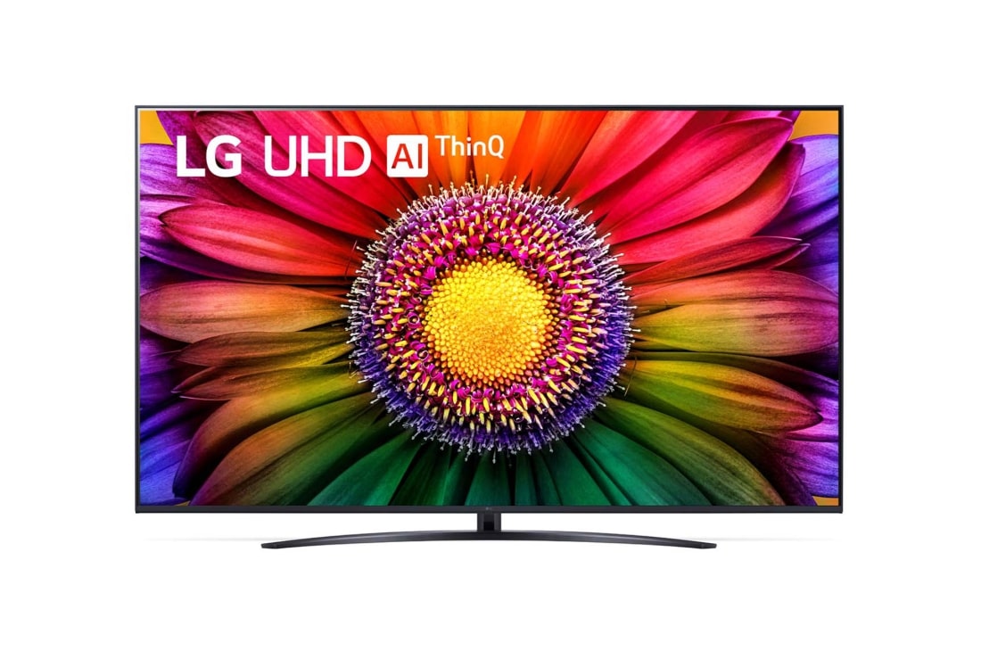 LG 75-palcový televízor Smart TV LG UHD UR81 s rozlíšením 4K, 2023, Pohľad spredu na televízor LG UHD TV, 75UR81003LJ