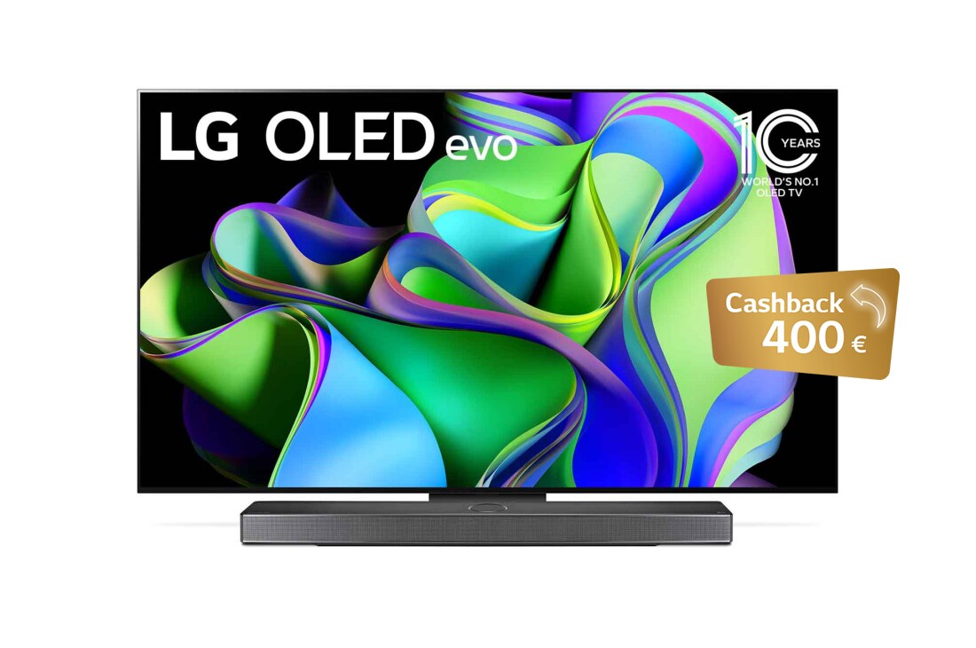 LG 65-palcový televízor Smart TV LG OLED evo C3 s rozlíšením 4K z roku 2023, Pohľad spredu s textom LG OLED evo a emblémom 10 rokov svetová jednotka v oblasti OLED na obrazovke a Soundbar dole. , OLED65C31LA