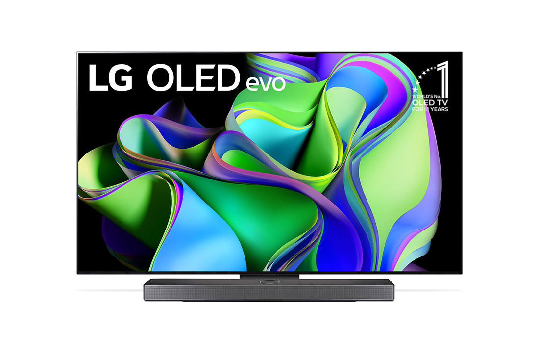LG 77-palcový televízor Smart TV LG OLED evo C3 s rozlíšením 4K z roku 2023, Pohľad spredu s textom LG OLED evo a emblémom 11 rokov svetová jednotka v oblasti OLED na obrazovke a Soundbar dole. , OLED77C31LA