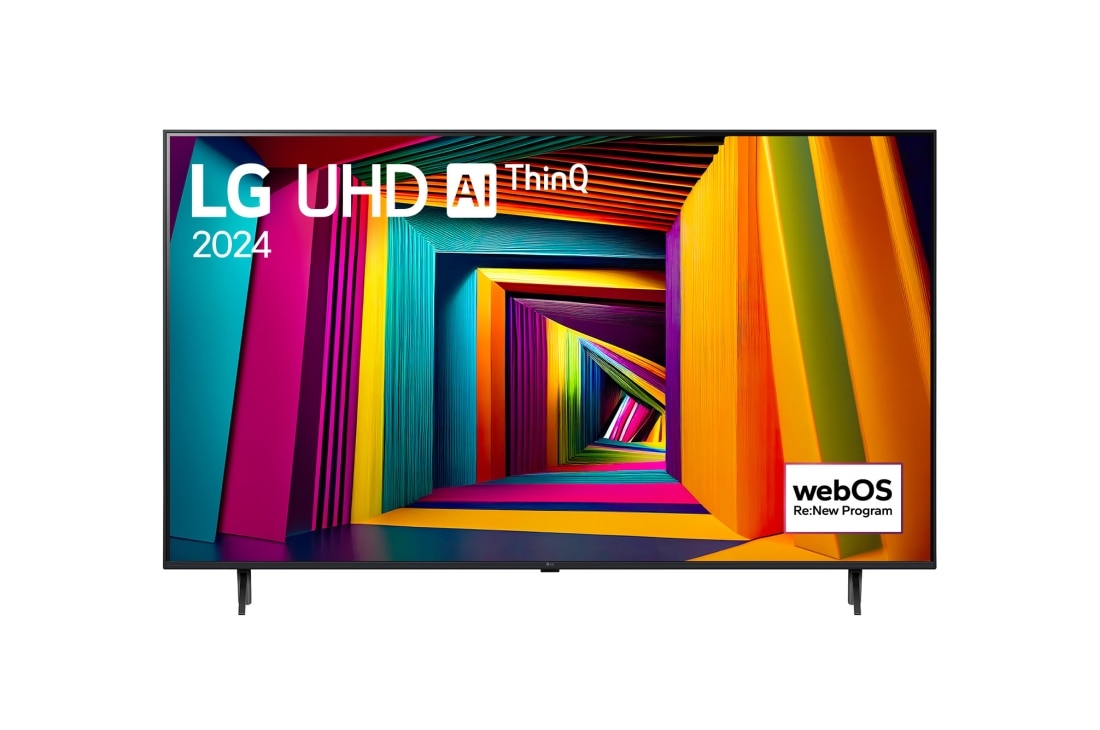 LG 75-palcový LG UHD UT90 4K Smart TV 2024, Pohľad spredu na LG UHD TV, UT90 s textom LG UHD AI ThinQ, 2024 a logom webOS Re:New Program na obrazovke, 75UT91006LA