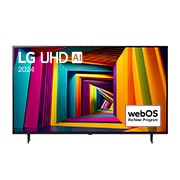 LG 75-palcový LG UHD AI UT91 4K Smart TV 2024, Pohľad spredu na LG UHD TV, UT90 s textom LG UHD AI ThinQ, 2024 a logom webOS Re:New Program na obrazovke, 75UT91006LA, thumbnail 1