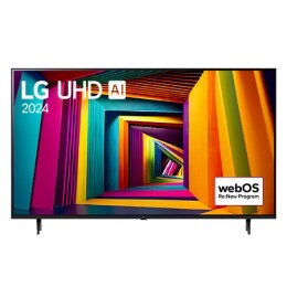 Pohľad spredu na LG UHD TV, UT90 s textom LG UHD AI ThinQ, 2024 a logom webOS Re:New Program na obrazovke2