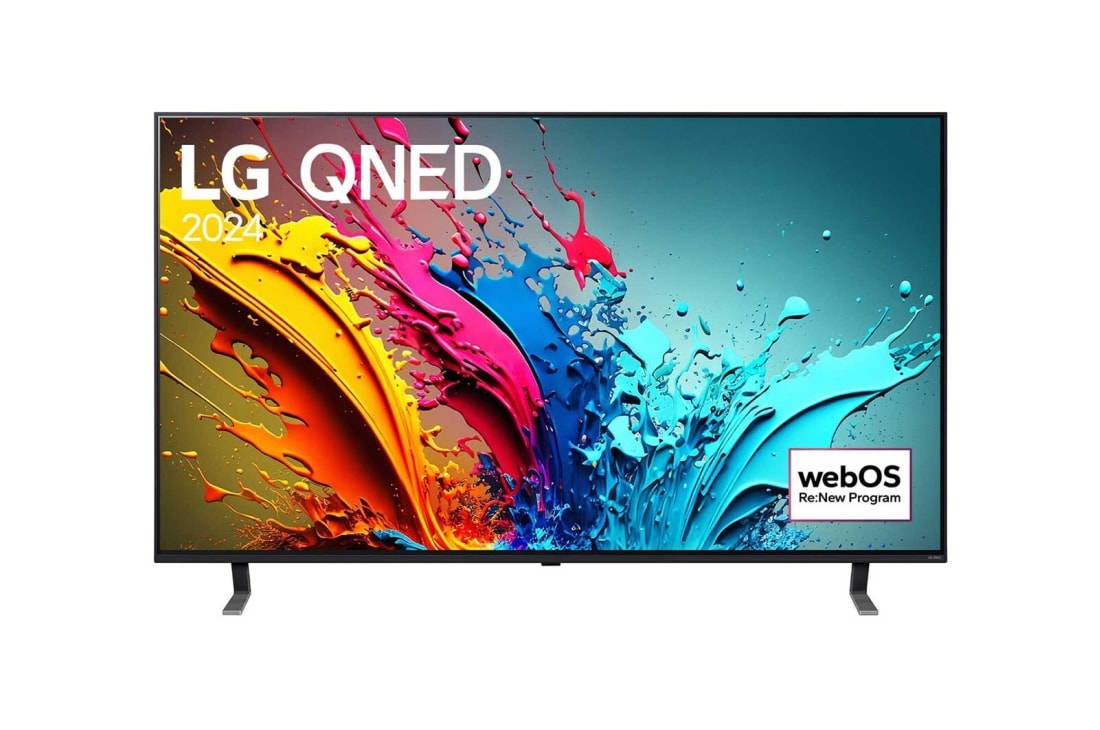 LG 86-palcový LG QNED QNED85 4K Smart TV 2024, Pohľad spredu na LG QNED TV, QNED85 s textom LG QNED, 2024 a logom webOS Re:New Program na obrazovke, 86QNED85T6C