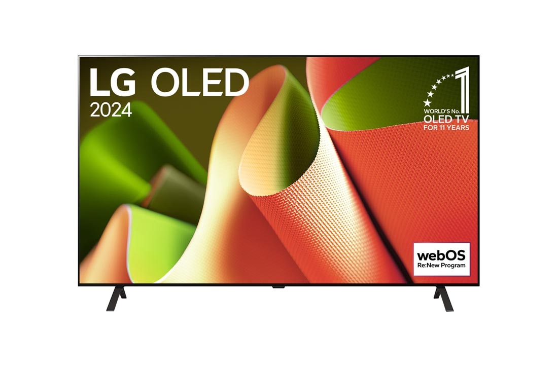 LG 77-palcový LG OLED AI B4 4K Smart TV OLED77B4, Pohľad spredu s televízorom LG OLED TV, OLED AI B4, emblémom 11 rokov svetovej jednotky OLED a logom webOS Re:New Program na obrazovke so stojanom s dvomi nohami, OLED77B42LA