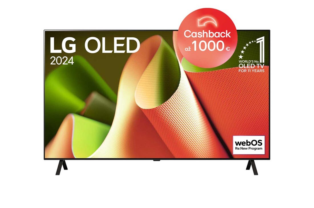 LG 65-palcový LG OLED evo B4 4K Smart TV OLED55B4, Pohľad spredu s televízorom LG OLED B4, emblémom 11 rokov svetovej jednotky OLED a logom webOS Re:New Program na obrazovke so stojanom s dvomi nohami, OLED65B46LA