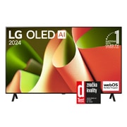 LG 65-palcový LG OLED AI B4 4K Smart TV OLED65B4, Pohľad spredu s televízorom LG OLED TV, OLED AI B4, emblémom 11 rokov svetovej jednotky OLED a logom webOS Re:New Program na obrazovke so stojanom s dvomi nohami, OLED65B46LA, thumbnail 1