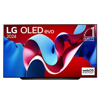 Pohľad spredu s televízorom LG OLED evo AI, OLED C4, emblémom 11 rokov svetovej jednotky OLED a logom webOS Re:New Program na obrazovke so stojanom s dvomi nohami1