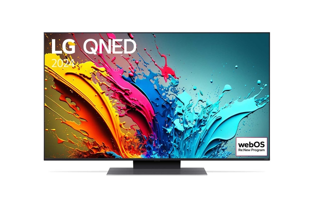 LG 50-palcový LG QNED AI QNED87 4K Smart TV 2024, Pohľad spredu na LG QNED TV, QNED87 s textom LG QNED, 2024 a logom webOS Re:New Program na obrazovke, 50QNED87T6B