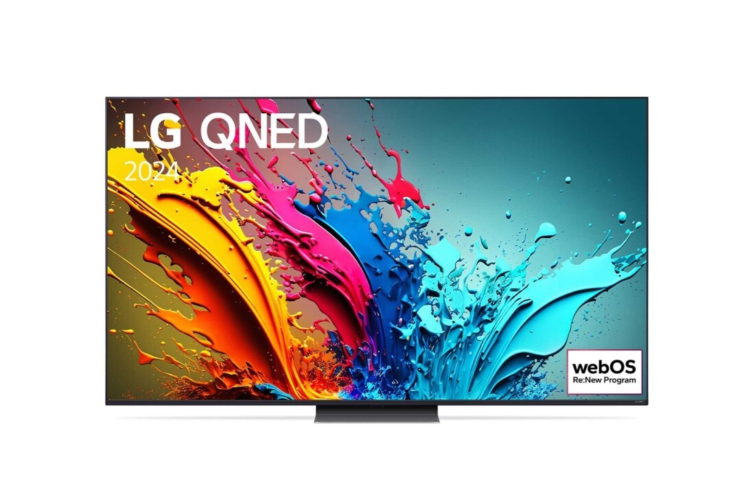 LG 65-palcový LG QNED QNED87 4K Smart TV 2024, Pohľad spredu na LG QNED TV, QNED87 s textom LG QNED, 2024 a logom webOS Re:New Program na obrazovke, 65QNED87T6B