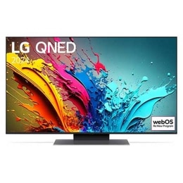 Pohľad spredu na LG QNED TV, QNED86 s textom LG QNED, 2024 a logom webOS Re:New Program na obrazovke