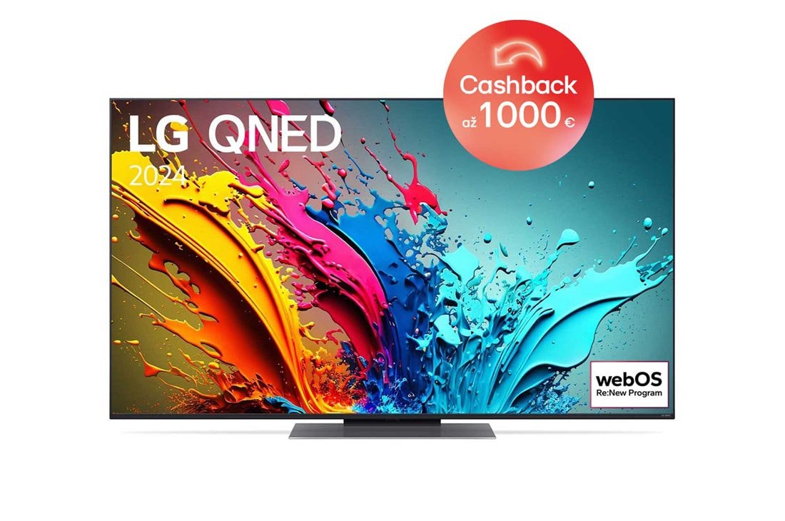 LG 55-palcový LG QNED QNED86 4K Smart TV 2024, Pohľad spredu na LG QNED TV, QNED86 s textom LG QNED, 2024 a logom webOS Re:New Program na obrazovke, 55QNED86T6A