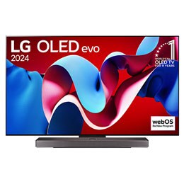 Pohľad spredu s televízorom LG OLED evo AI, OLED C4, logom 11 rokov svetovej jednotky OLED a logom webOS Re:New Program na obrazovke, ako aj so soundbarom pod televízorom2