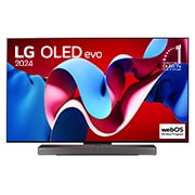 LG 77-palcový LG OLED evo AI C4 4K Smart TV OLED77C4, Pohľad spredu s televízorom LG OLED evo AI, OLED C4, logom 11 rokov svetovej jednotky OLED a logom webOS Re:New Program na obrazovke, ako aj so soundbarom pod televízorom, OLED77C45LA, thumbnail 1