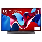 LG 65-palcový LG OLED evo AI C4 4K Smart TV OLED65C4, Pohľad spredu s televízorom LG OLED evo AI, OLED C4, logom 11 rokov svetovej jednotky OLED a logom webOS Re:New Program na obrazovke, ako aj so soundbarom pod televízorom, OLED65C45LA, thumbnail 1