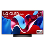 LG 48-palcový LG OLED evo AI C4 4K Smart TV OLED48C4, Pohľad spredu s televízorom LG OLED evo AI, OLED C4, emblémom 11 rokov svetovej jednotky OLED a logom webOS Re:New Program na obrazovke so stojanom s dvomi nohami, OLED48C44LA, thumbnail 1