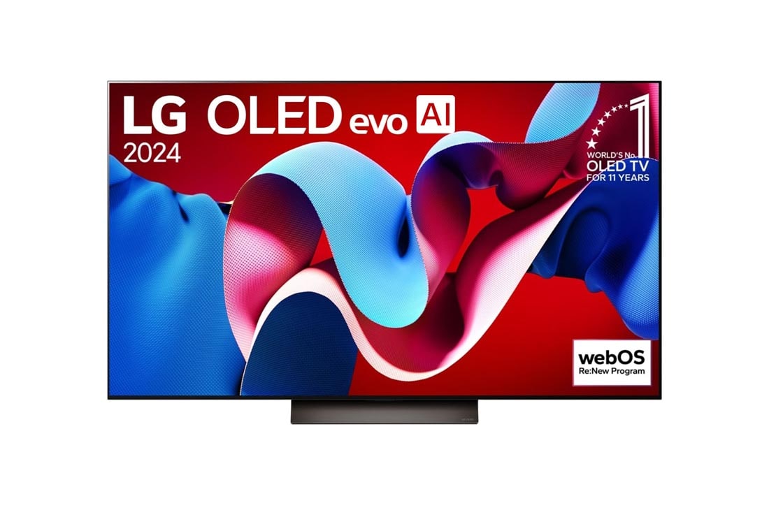 LG 55-palcový LG OLED evo AI C4 4K Smart TV OLED55C4, Pohľad spredu s televízorom LG OLED evo AI, OLED C4, emblémom 11 rokov svetovej jednotky OLED a logom webOS Re:New Program na obrazovke so stojanom s dvomi nohami, OLED55C44LA, thumbnail 5