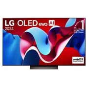 LG 55-palcový LG OLED evo AI C4 4K Smart TV OLED55C4, Pohľad spredu s televízorom LG OLED evo AI, OLED C4, emblémom 11 rokov svetovej jednotky OLED a logom webOS Re:New Program na obrazovke so stojanom s dvomi nohami, OLED55C44LA, thumbnail 5