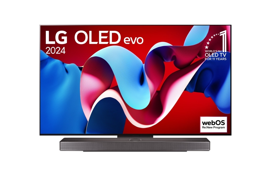 LG 55-palcový LG OLED evo C4 4K Smart TV OLED55C4, Pohľad spredu s televízorom LG OLED evo, OLED C4, logom 11 rokov svetovej jednotky OLED Emblem a logom webOS Re:New Program na obrazovke, ako aj so Soundbarom pod televízorom, OLED55C44LA