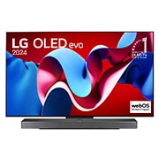 LG 55-palcový LG OLED evo AI C4 4K Smart TV OLED55C4, Pohľad spredu s televízorom LG OLED evo AI, OLED C4, logom 11 rokov svetovej jednotky OLED a logom webOS Re:New Program na obrazovke, ako aj so soundbarom pod televízorom, OLED55C44LA, thumbnail 1