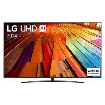 Pohľad spredu na LG UHD TV, UT81 s textom LG UHD AI ThinQ, 2024 a logom webOS Re:New Program na obrazovke1