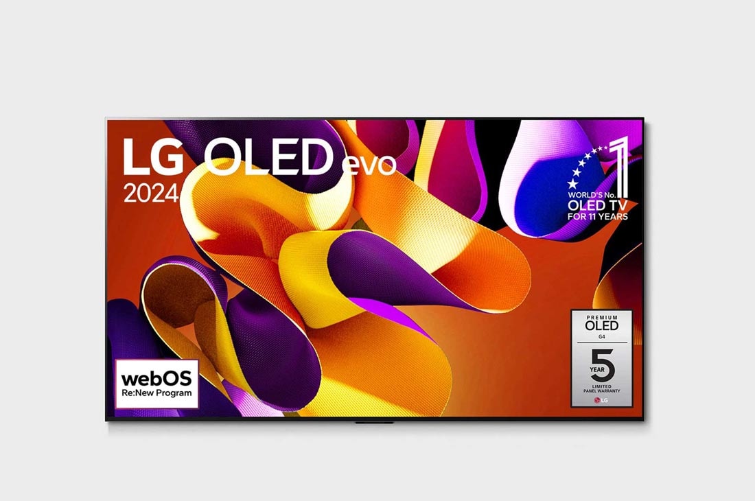 LG 65-palcový LG OLED evo AI G4 4K Smart TV OLED65G4, Pohľad spredu s televízorom LG OLED evo AI, OLED G4, emblémom 11 rokov svetovej jednotky OLED, logom webOS Re:New Program a logom 5-ročnej záruky na panel na obrazovke, OLED65G45LW, thumbnail 4