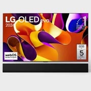 LG 65-palcový LG OLED evo AI G4 4K Smart TV OLED65G4, Pohľad spredu s televízorom LG OLED evo AI, OLED G4, emblémom 11 rokov svetovej jednotky OLED, logom webOS Re:New Program a logom 5 ročnej záruky na panel na obrazovke, ako aj so soundbarom pod televí, OLED65G45LW, thumbnail 1