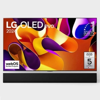 Pohľad spredu s televízorom LG OLED evo AI, OLED G4, emblémom 11 rokov svetovej jednotky OLED, logom webOS Re:New Program a logom 5 ročnej záruky na panel na obrazovke, ako aj so soundbarom pod televí
