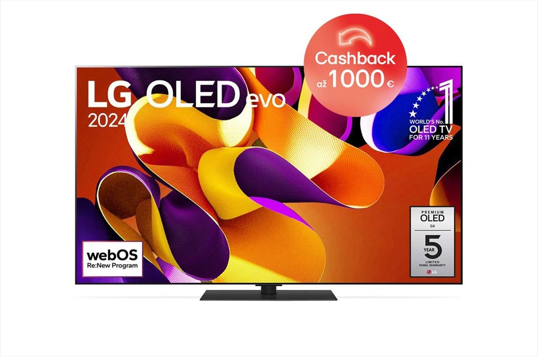 LG 65-palcový LG OLED evo G4 4K Smart TV OLED65G4, Pohľad spredu s televízorom LG OLED evo TV, OLED G4, emblémom 11 rokov svetovej jednotky OLED a logom 5 ročnej záruky na panel na obrazovke, OLED65G46LS