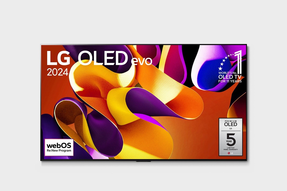 LG 55-palcový LG OLED evo AI G4 4K Smart TV OLED55G4, Pohľad spredu s televízorom LG OLED evo AI, OLED G4, emblémom 11 rokov svetovej jednotky OLED, logom webOS Re:New Program a logom 5-ročnej záruky na panel na obrazovke, OLED55G45LW