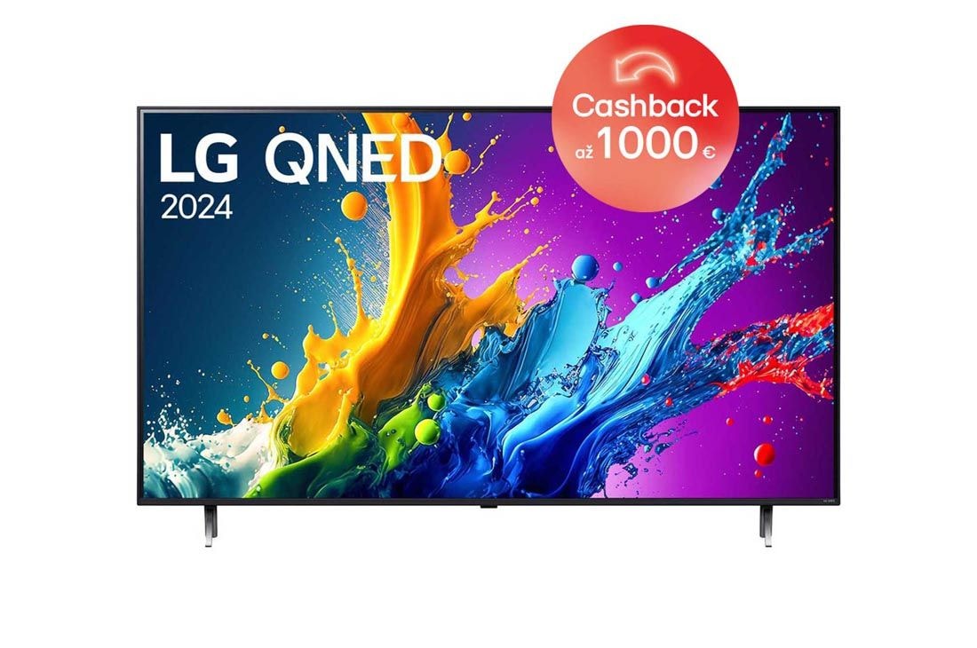 LG 75-palcový LG QNED QNED80 4K Smart TV 2024, Pohľad spredu na LG QNED TV, QNED80 s textom LG QNED, 2024 a logom webOS Re:New Program na obrazovke, 75QNED80T6A
