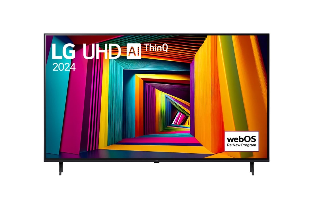 LG 43-palcový LG UHD UT91 4K Smart TV 2024, Pohľad spredu na LG UHD TV, UT91 s textom LG UHD AI ThinQ, 2024 a logom webOS Re:New Program na obrazovke, 43UT91006LA