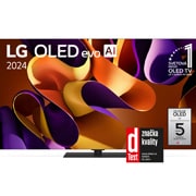 LG 55-palcový LG OLED evo AI G4 4K Smart TV OLED55G4, Pohľad spredu s televízorom LG OLED evo AI, OLED G4, emblémom 11 rokov svetovej jednotky OLED, logom webOS Re:New Program a logom 5-ročnej záruky na panel na obrazovke, OLED55G46LS, thumbnail 1