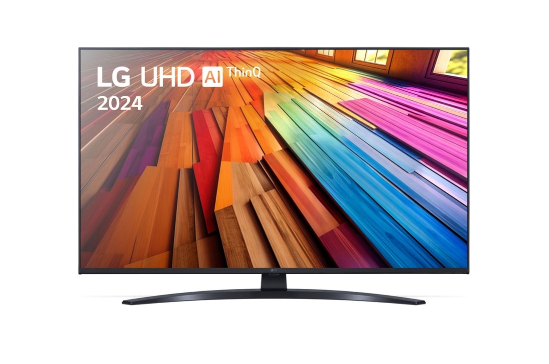 LG 43-palcový LG UHD UT81 Smart TV 2024, Pohľad spredu na LG UHD TV, UT81 s textom LG UHD AI ThinQ, 2024 a logom webOS Re:New Program na obrazovke, 43UT81006LA