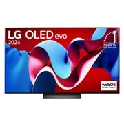 LG 77-palcový LG OLED evo C4 4K Smart TV OLED77C4, Pohľad spredu s televízorom LG OLED evo TV, OLED C4, emblémom 11 rokov svetovej jednotky OLED a logom webOS Re:New Program na obrazovke so stojanom s dvomi nohami, OLED77C44LA, thumbnail 5