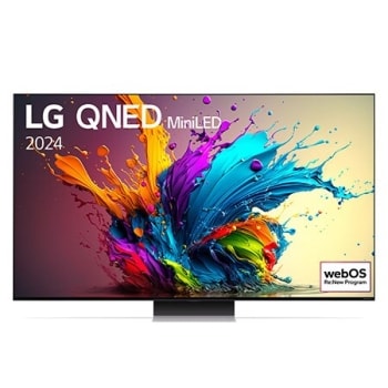 Pohľad spredu na LG QNED TV, QNED91 s textom LG QNED MiniLED, 2024 a logom webOS Re:New Program na obrazovke1
